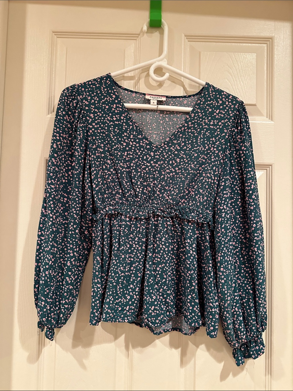 Andree Teal Floral V-Neck Peplum Blouse
